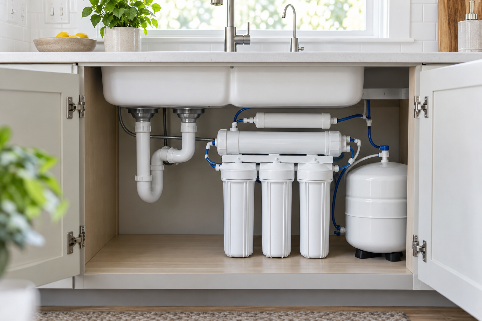Representative five-stage reverse osmosis system professionally installed beneath a kitchen sink